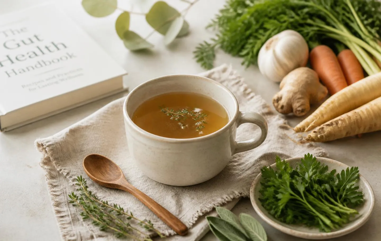 Warm cup of bone broth with fresh herbs and root vegetables for gut health