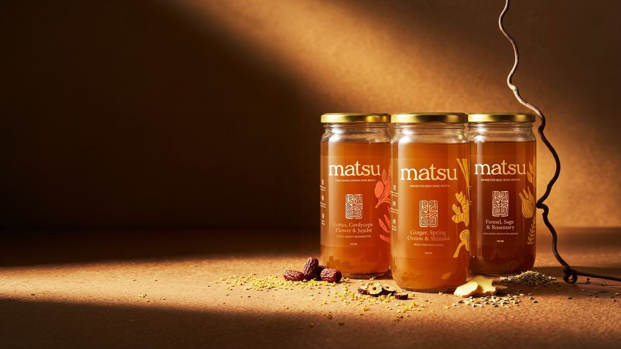 Three glass jars of Matsu bone broth — chicken lotus, beef ginger and beef fennel — with golden lids on warm stone