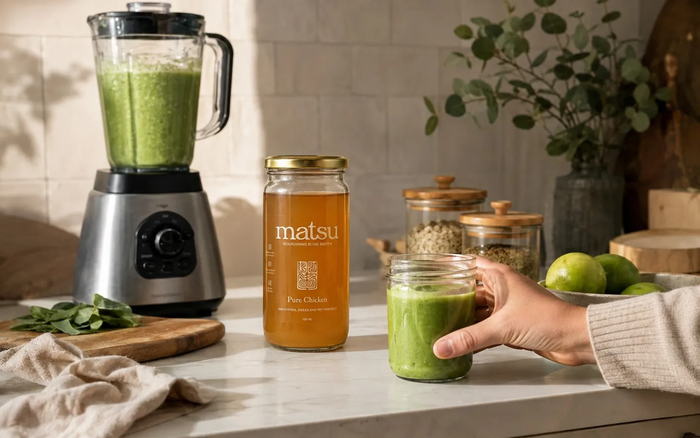 A jar of Matsu Pure Chicken bone broth on a kitchen counter beside a blender and a glass of green smoothie