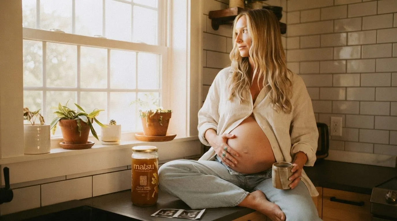 Bone Broth for Fertility, Pregnancy and Postpartum Recovery | Matsu A pregnant woman sitting on a kitchen counter in morning window light holding a warm mug, beside a jar of Matsu Chicken Fennel, Chilli & Ginger bone broth