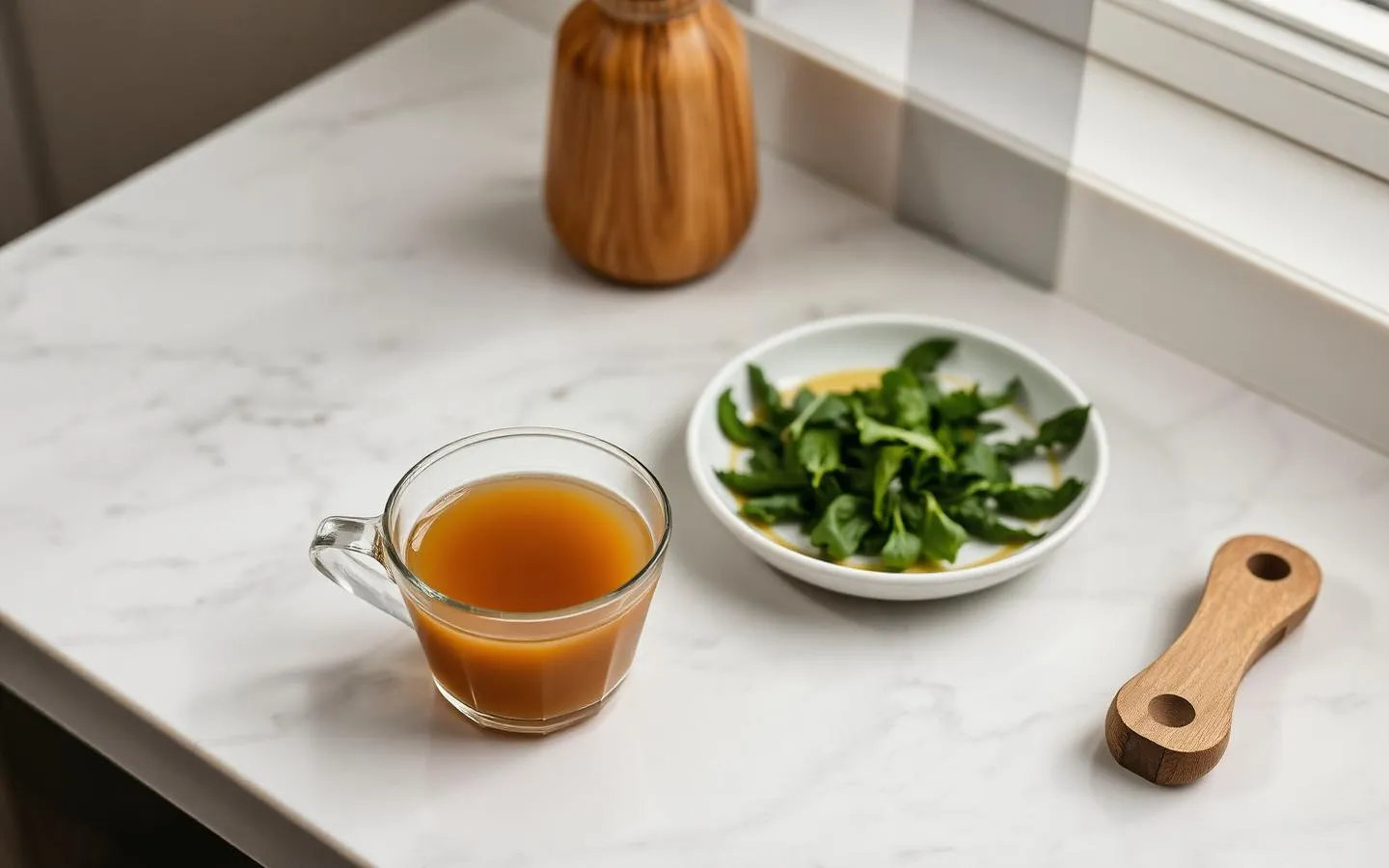 Bone Broth for Weight Management and Sugar Cravings | Matsu A cup of bone broth beside a small plate of dressed greens on a marble kitchen counter