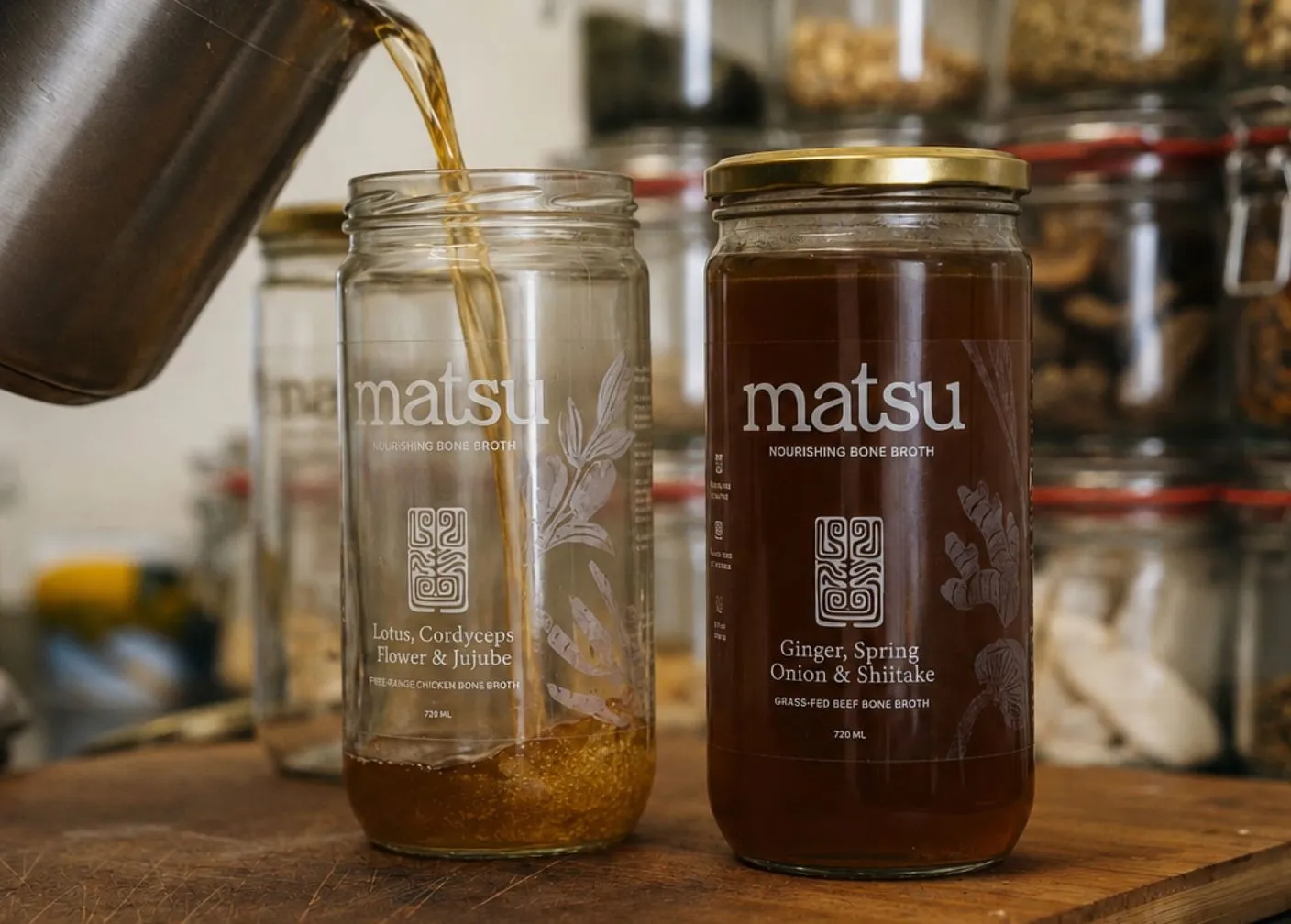 Matsu bone broth being poured into a reusable 720ml glass jar