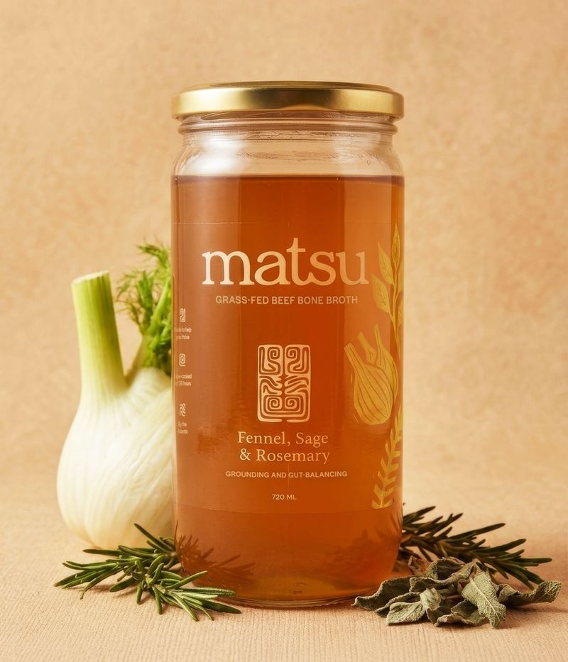 720ml glass jar of Matsu grass-fed beef bone broth slow-simmered with fennel, sage and rosemary