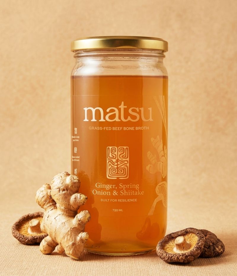 720ml glass jar of Matsu beef bone broth with fresh ginger, spring onion and shiitake