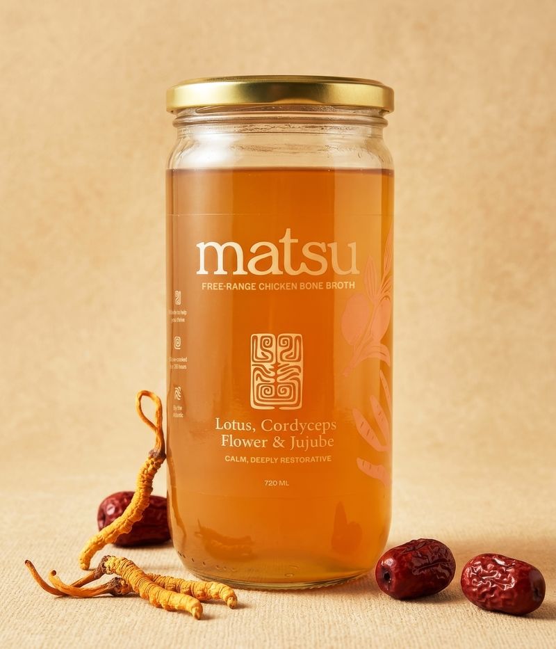 720ml glass jar of Matsu chicken bone broth with lotus seed, cordyceps flower and jujube