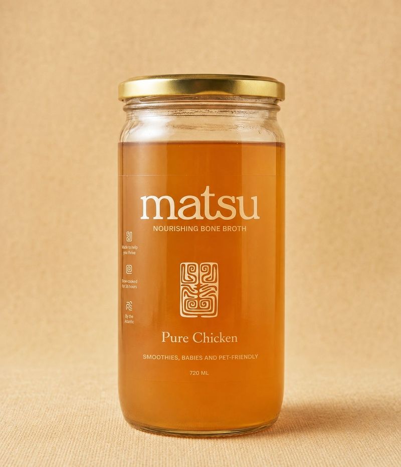 720ml glass jar of Matsu pure unsalted chicken bone broth, collagen-rich with no salt and no onion