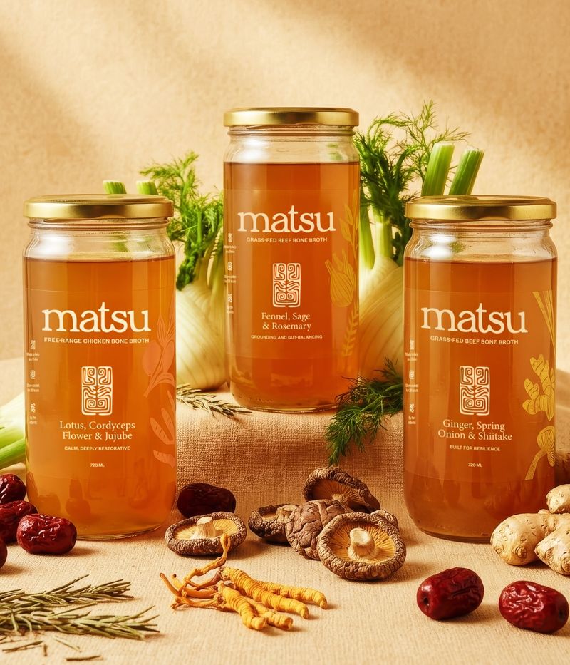 Matsu sample pack, a tasting set of slow-simmered premium bone broth in 720ml glass jars